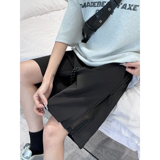 Trimecca-Drawstring Waist Plain Mesh Panel Shorts