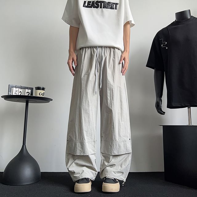 Trimecca-Drawstring Waist Plain Wide Leg Pants