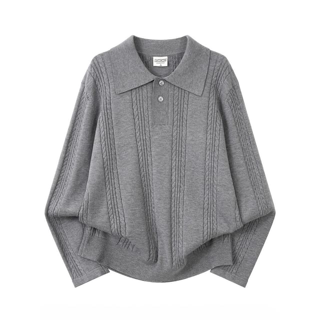 Trimecca-Drop Shoulder Plain Cable Knit Polo Sweater