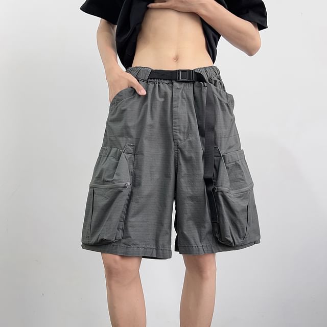 Trimecca-Elastic Waist Plain Cargo Shorts