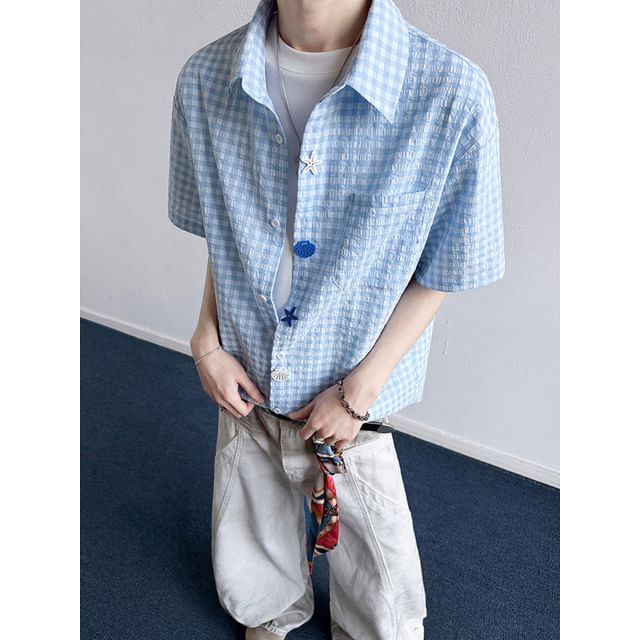 Trimecca-Elbow-Sleeve Gingham Button-Up Shirt