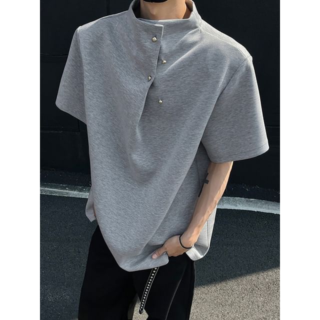 Trimecca-Elbow-Sleeve Stand Collar Plain Buttoned T-Shirt