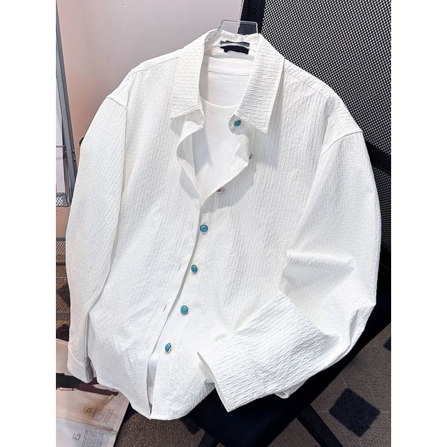 Trimecca-Long-Sleeve Button-Up Plain Shirt