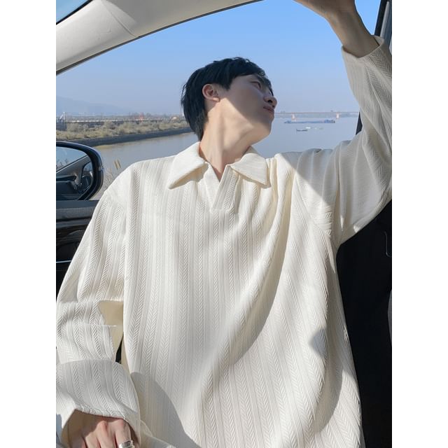 Trimecca-Long-Sleeve Collared Plain Jacquard T-Shirt