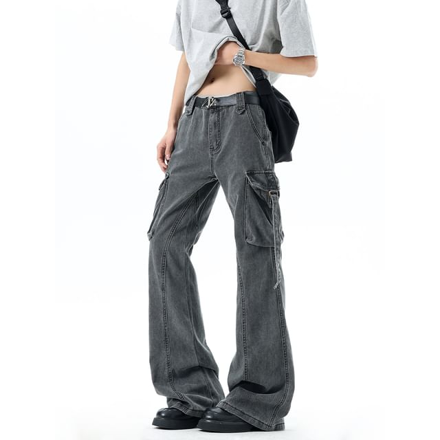 Trimecca-Low Rise Washed Flared Cargo Jeans