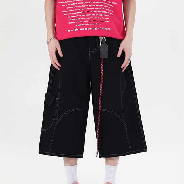 Trimecca-Mid Rise Contrast Stitching Capri Wide Leg Cargo Pants