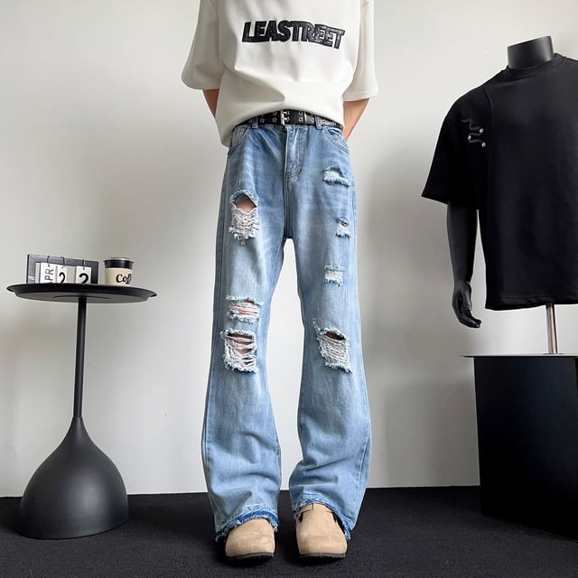 Trimecca-Mid Rise Distressed Washed Bootcut Jeans