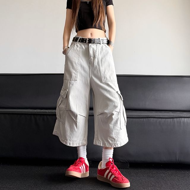 Trimecca-Mid Rise Plain Capri Wide Leg Cargo Pants