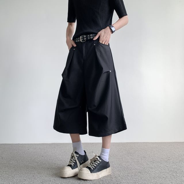 Trimecca-Mid Rise Plain Studded Ruched Capri Wide Leg Pants