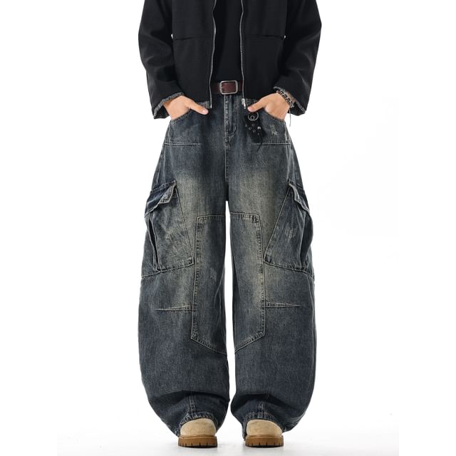 Trimecca-Mid Rise Washed Barrel Leg Cargo Jeans
