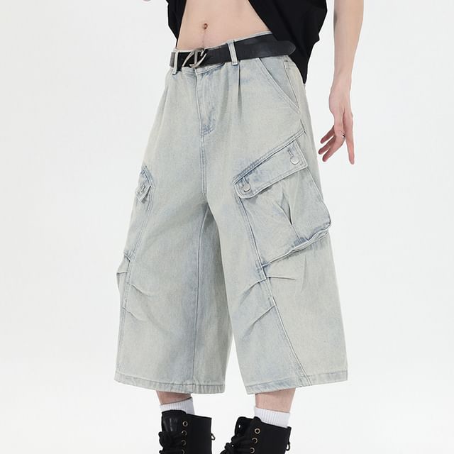 Trimecca-Mid Rise Washed Capri Wide Leg Cargo Jeans