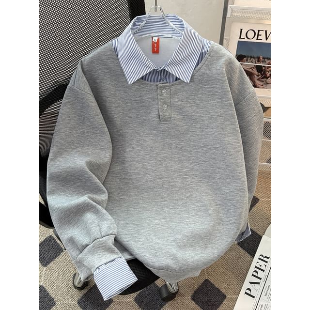 Trimecca-Mock Two-Piece Collared Striped Panel Sweatshirt