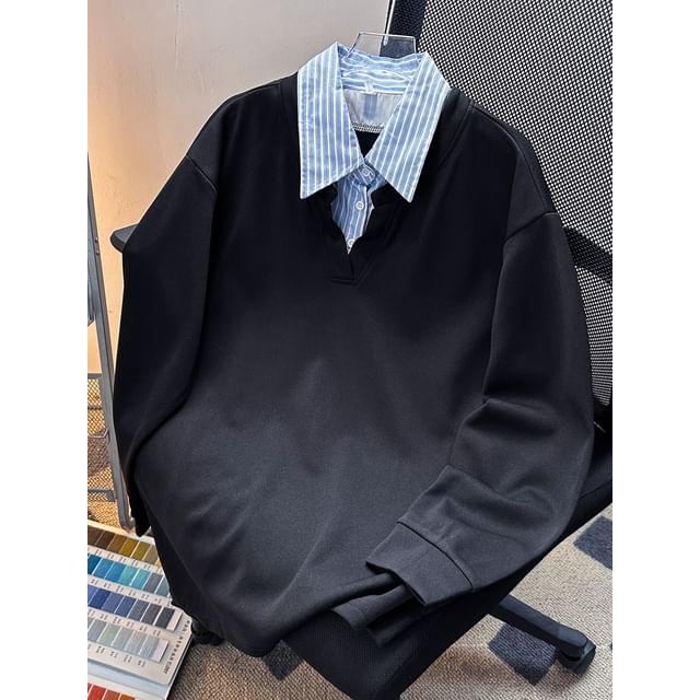 Trimecca-Mock Two-Piece Collared Striped Panel Sweatshirt