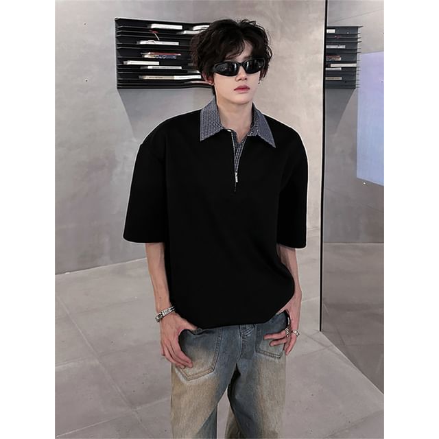 Trimecca-Mock Two-Piece Elbow-Sleeve Collared Plaid Panel Half-Zip T-Shirt