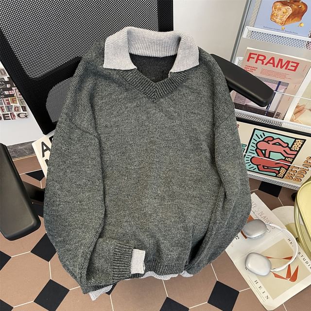 Trimecca-Mock Two-Piece V-Neck Collared Two Tone Sweater