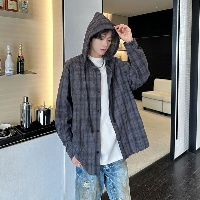 Trimecca-Plaid Drawstring Hooded Button Jacket