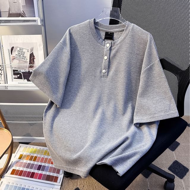 Trimecca-Short-Sleeve Henley Plain T-Shirt