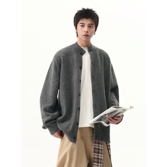 Trimecca-Stand Collar Button-Up Plain Cardigan