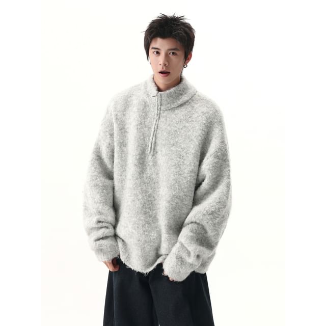 Trimecca-Stand Collar Half-Zip Plain Sweater