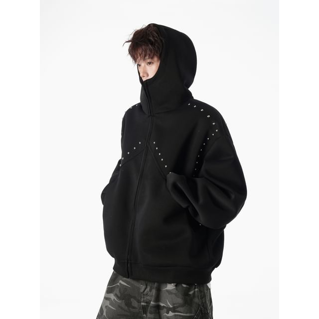 Trimecca-Stand Collar Plain Studded Panel Fleece-Lined Zip Hoodie