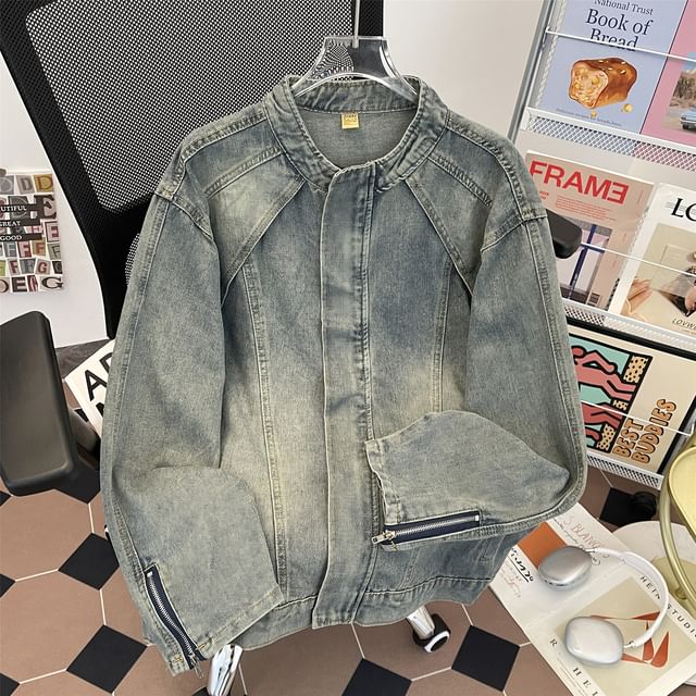Trimecca-Stand Collar Washed Zip-Up Denim Jacket