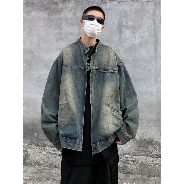 Trimecca-Stand Collar Zip-Up Denim Jacket