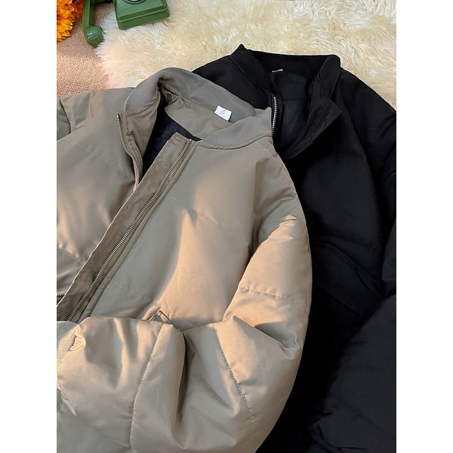 Trimecca-Stand Collar Zip-Up Plain Puffer Jacket