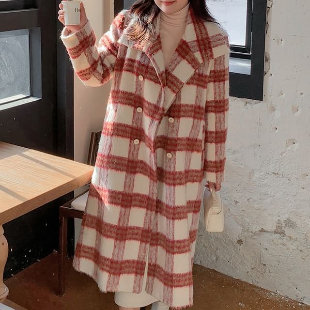 Tripoly-XL-4XL Collared Plaid Double Breasted Long Coat