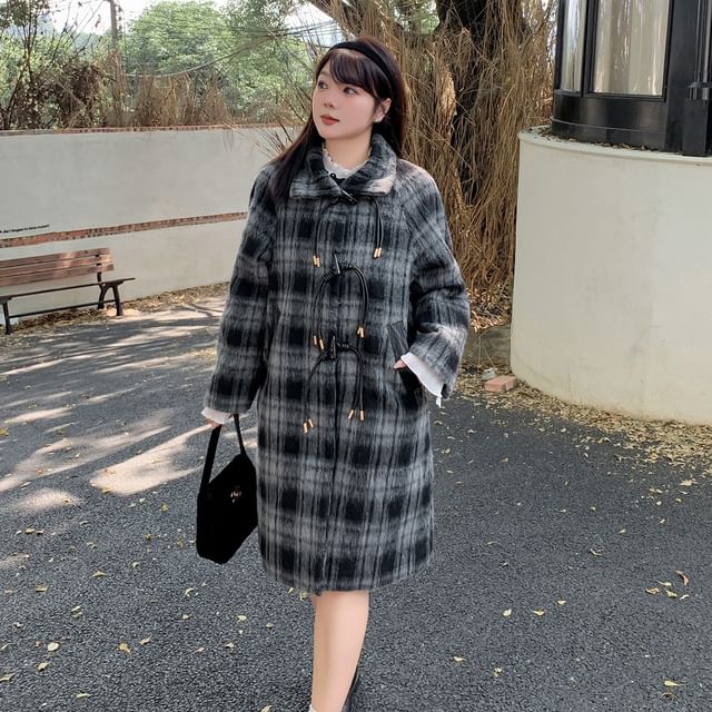 Tripoly-XL-4XL Collared Plaid Toggle Long Coat