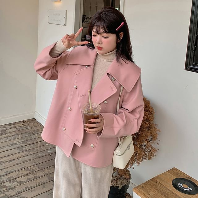 Tripoly-XL-4XL Collared Plain Faux Pearl Button Double Breasted Jacket