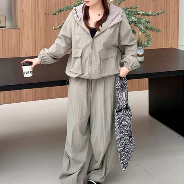 Tripoly-XL-4XL Drawstring Hooded Zip-Up Plain Jacket Drawstring Waist Baggy Cargo Pants