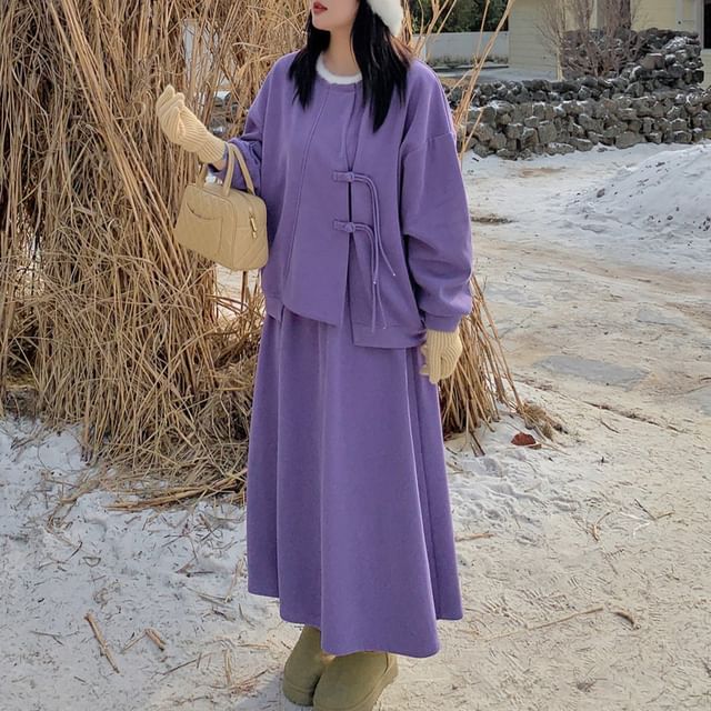 Tripoly-XL-4XL Set Crew Neck Asymmetrical Fluffy Trim Frog Buttoned Sweatshirt High Waist Plain Midi A-Line Skirt