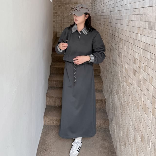 Tripoly-XL-4XL Set Mock Two-Piece Collar Striped Panel Pullover Drawstring Waist Midi A-Line Skirt
