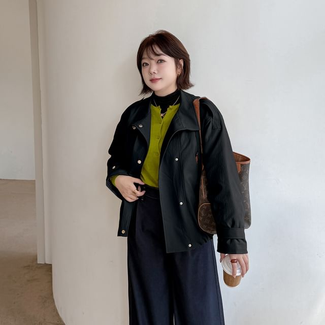 Tripoly-XL-4XL Stand Collar Button-Up Plain Jacket