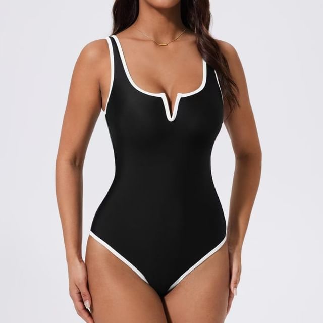 tropibreeze-Notch Neck Contrast Trim Swimsuit