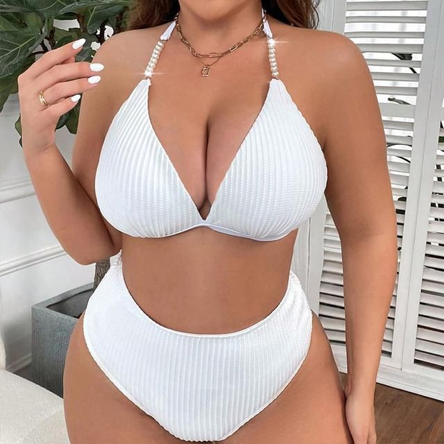 tropibreeze-Set Ribbed Plain Bikini Top Bottom