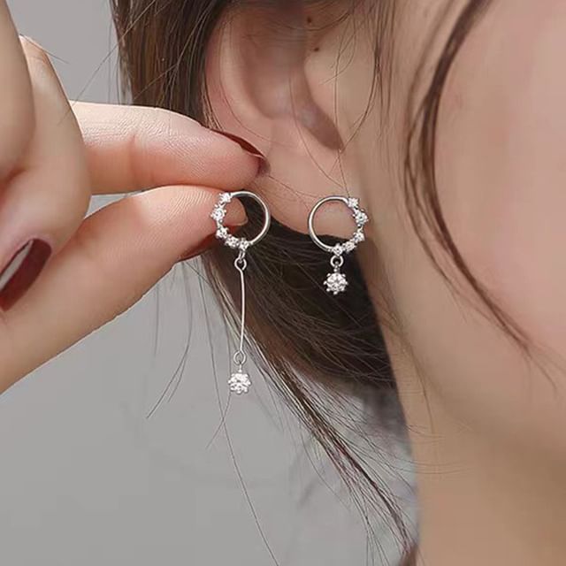 True Glam-925 Sterling Silver Rhinestone Asymmetrical Dangle Earring
