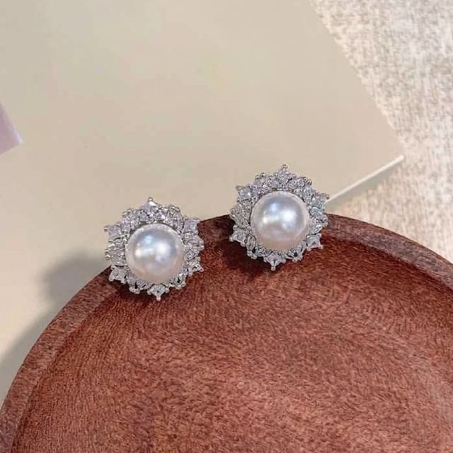 True Glam-Faux Pearl CZ Stud Earring