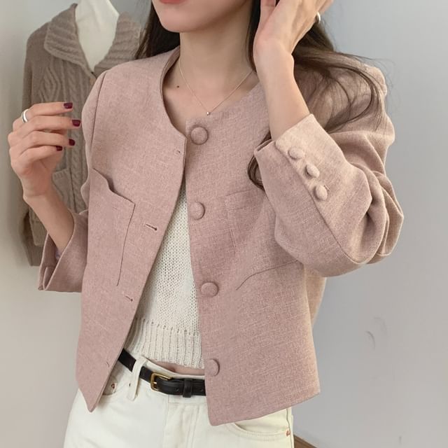 Tulstrix-Button-Up Plain Crop Jacket