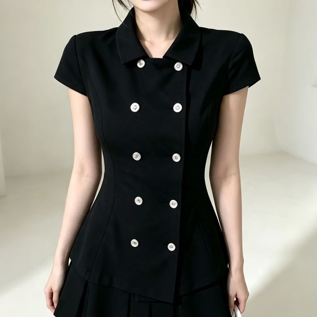 Tulstrix-Cap-Sleeve Collared Double Breasted Plain Peplum Blouse