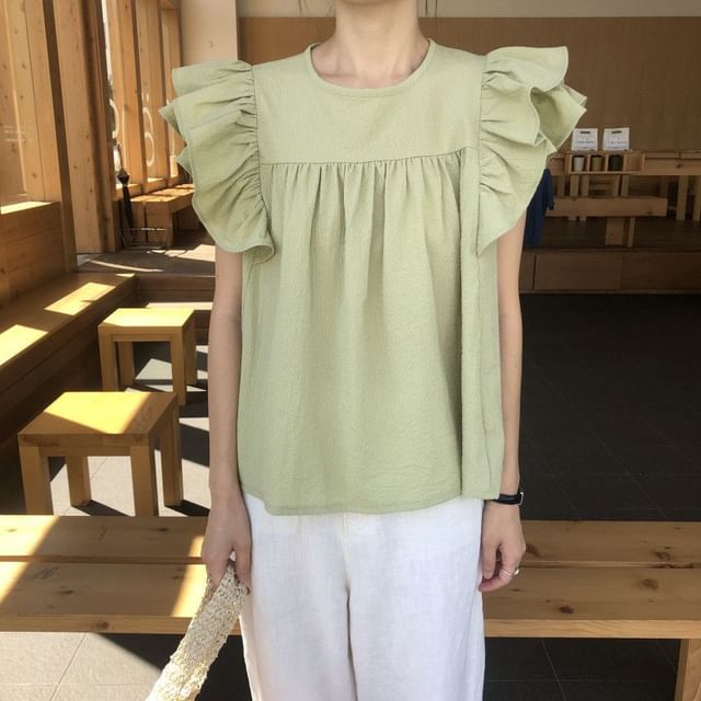 Tulstrix-Cap-Sleeve Crew Neck Plain Ruffle Trim Blouse