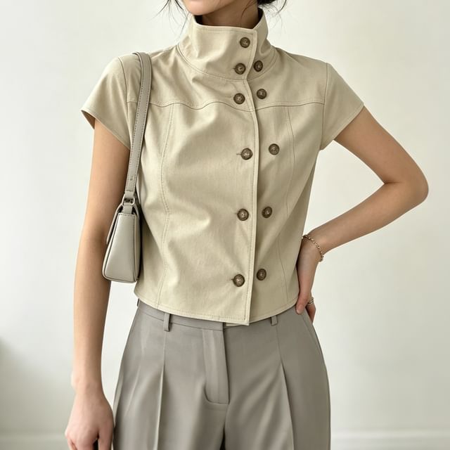 Tulstrix-Cap-Sleeve High Neck Double-Breasted Plain Crop Jacket