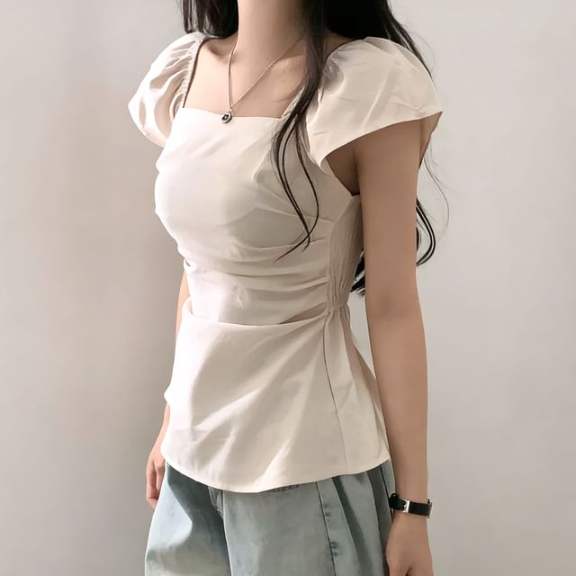 Tulstrix-Cap Sleeve Square Neck Plain Ruched Top