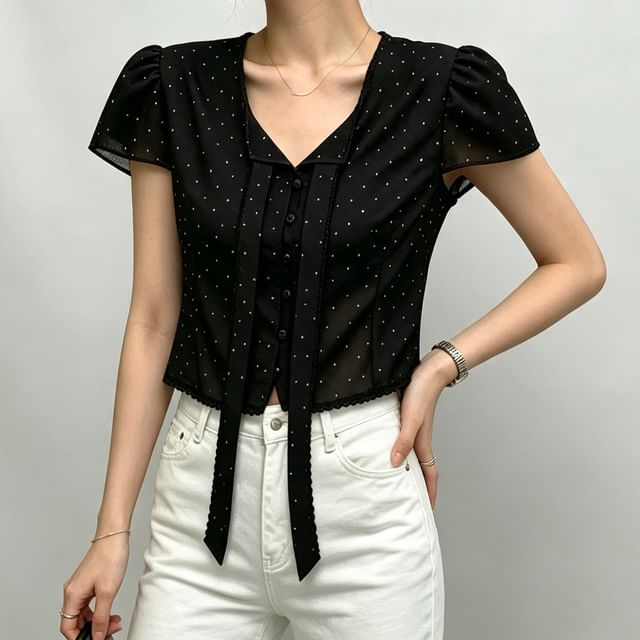 Tulstrix-Cap-Sleeve Tie Neck Polka Dot Button-Up Crop Blouse