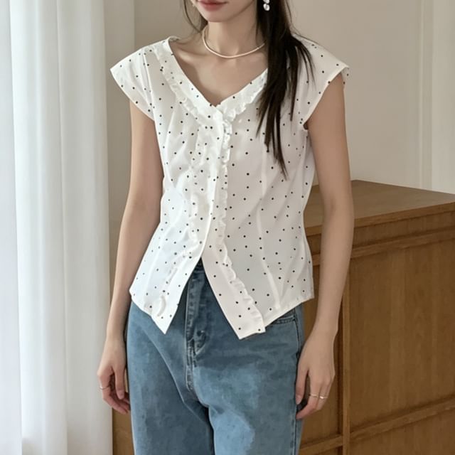 Tulstrix-Cap-Sleeve V-Neck Dotted Frill Trim Blouse