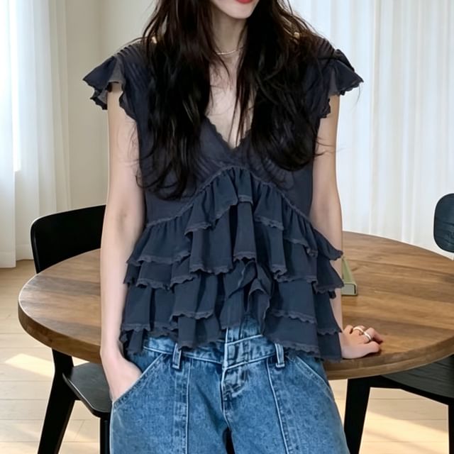 Tulstrix-Cap-Sleeve V-Neck Ruffle Plain Crop Top