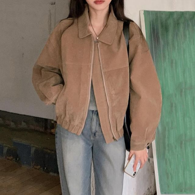 Tulstrix-Collared Zip-Up Plain Faux Suede Jacket