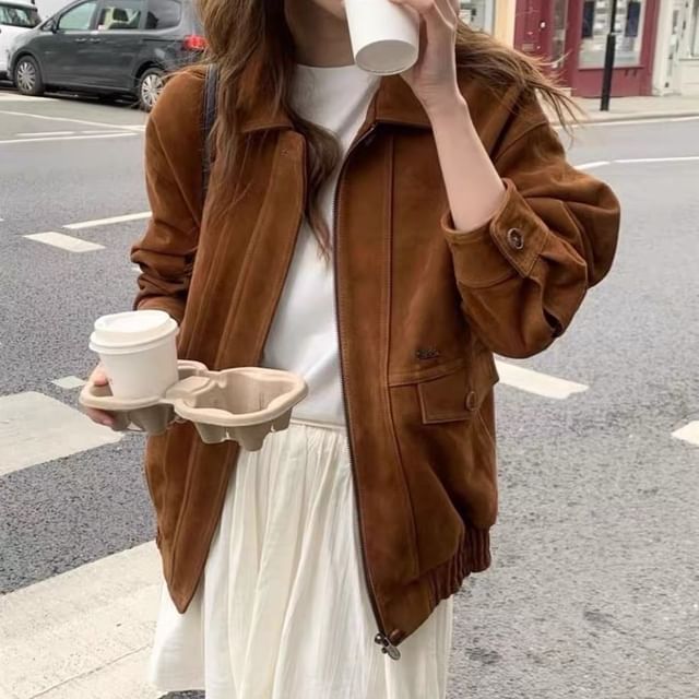Tulstrix-Collared Zip-Up Plain Faux Suede Jacket