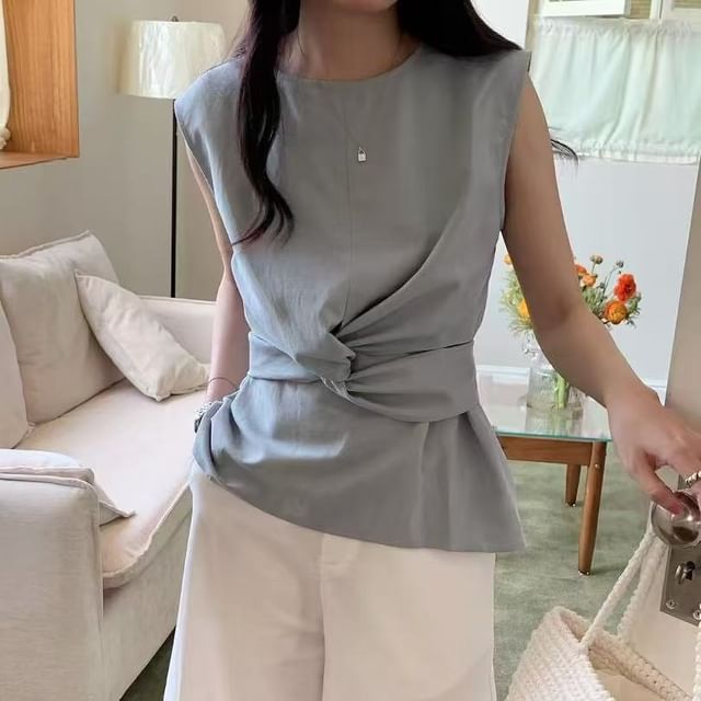 Tulstrix-Crew Neck Plain Knot Peplum Tank Top