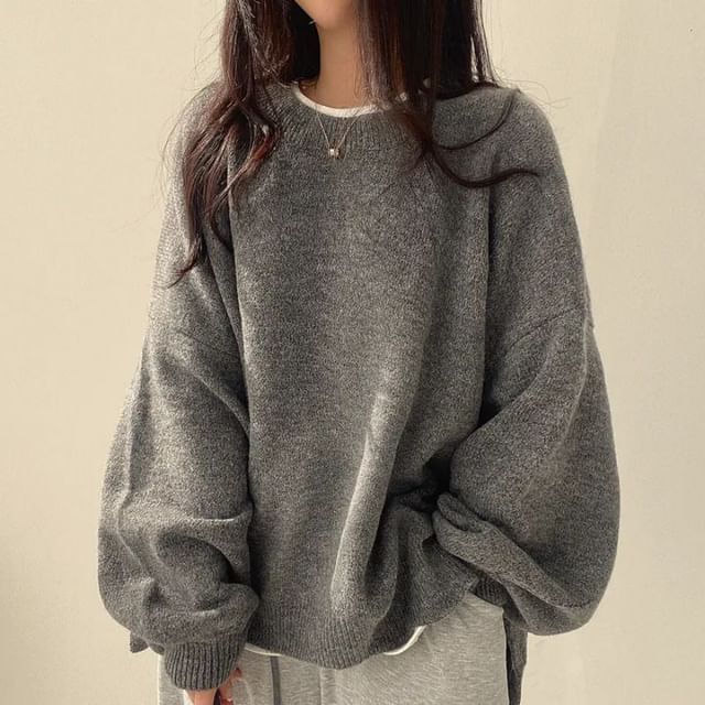 Tulstrix-Crew Neck Plain Slit Oversized Sweater